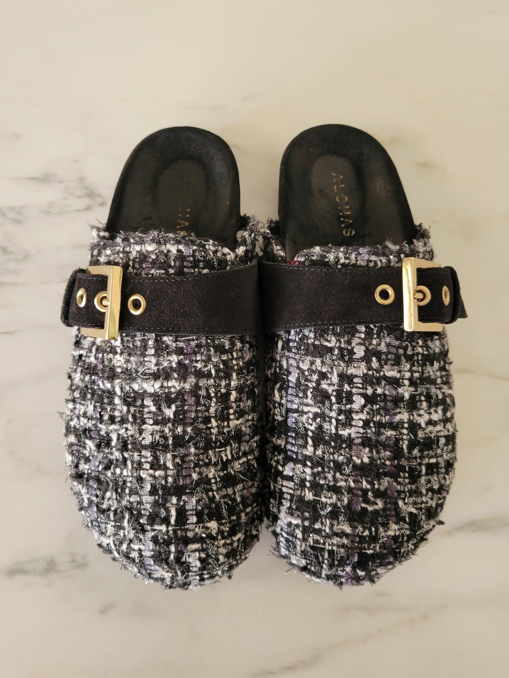 Alohas Anthropologie Cozy Tweed Slip On Clogs Black Silver 38 US 7.5